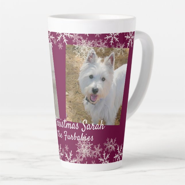 Taza De Café Latte Feliz Navidad Furbers Snowflakes Burgundy (Ángulo derecho)