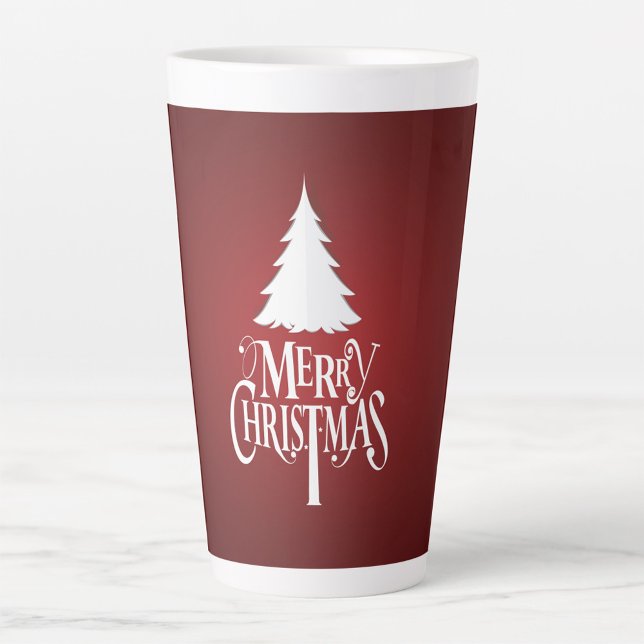 Taza De Café Latte Feliz Navidad Latte Mug (White Christmas Tree White Lettering Red Background!)