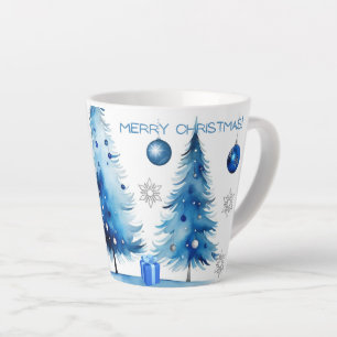 Taza De Café Latte Feliz Navidad Plata y acuarela japonesa azul