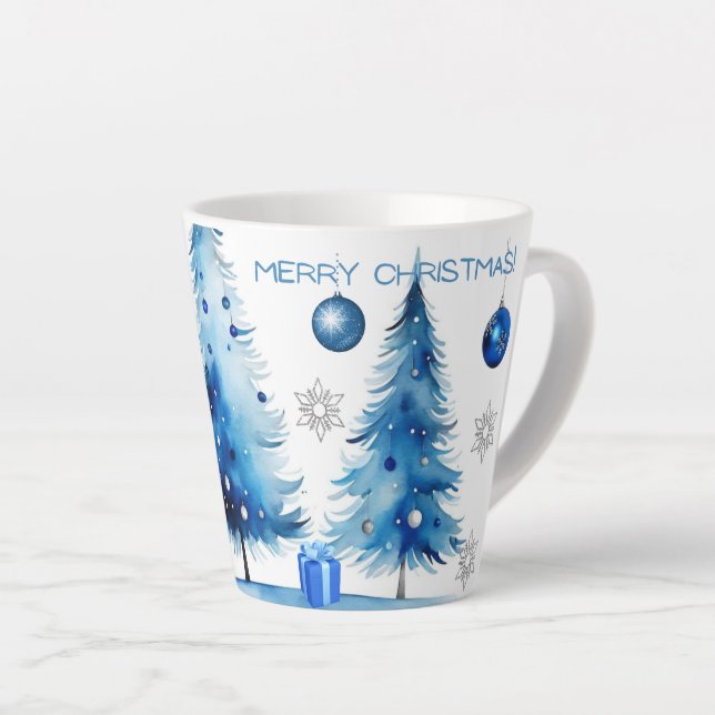 Taza De Café Latte Feliz Navidad Plata y acuarela japonesa azul (Ángulo derecho)