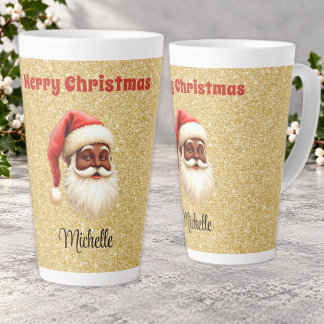 Taza De Café Latte Feliz Navidad Santa Claus Negro Brillo Dorado