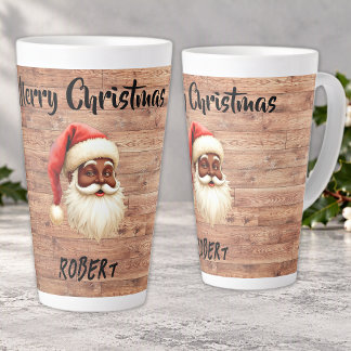 Taza De Café Latte Feliz Navidad Santa Claus Negro en Madera