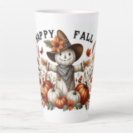 Taza De Café Latte Feliz otoño, escarecrow y follaje otoñal