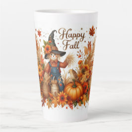 Taza De Café Latte Feliz otoño, escarecrow y follaje otoñal