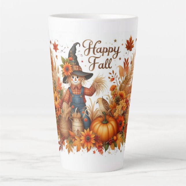 Taza De Café Latte Feliz otoño, escarecrow y follaje otoñal (Anverso)