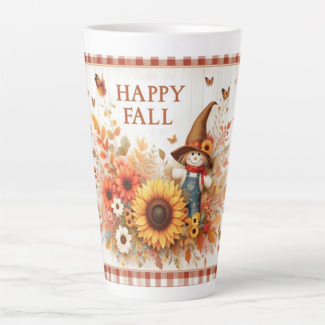 Taza De Café Latte Feliz otoño, espantapájaros de arte popular (Anverso)