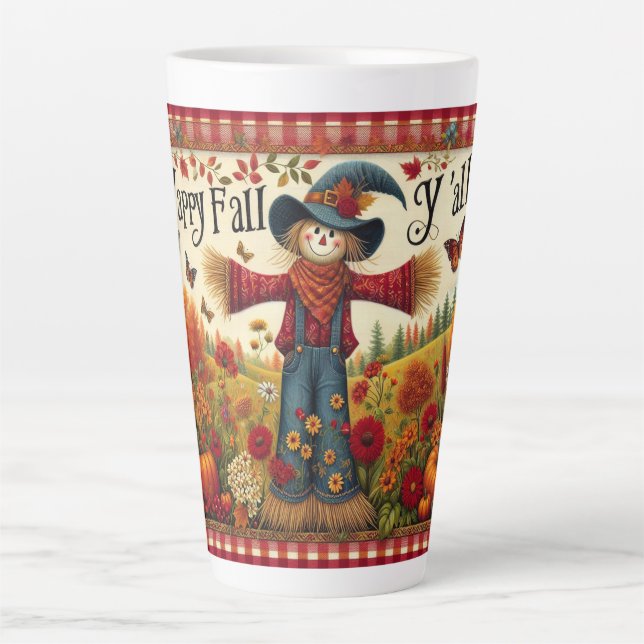 Taza De Café Latte Feliz otoño, espantapájaros de arte popular (Anverso)