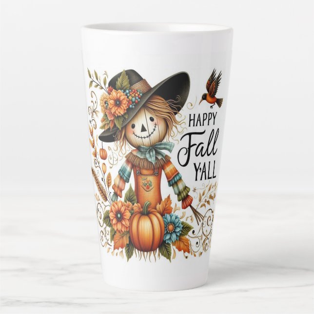 Taza De Café Latte Feliz otoño, espantapájaros y follaje de otoño (Anverso)