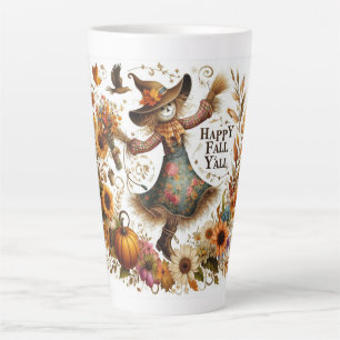 Taza De Café Latte Feliz otoño, espantapájaros y follaje de otoño