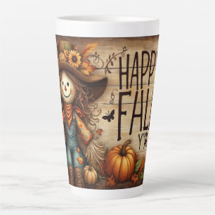 Taza De Café Latte Feliz otoño, espantapájaros y follaje de otoño