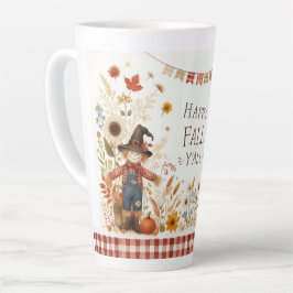 Taza De Café Latte Feliz otoño, espantapájaros y follaje de otoño
