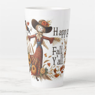 Taza De Café Latte Feliz otoño, espantapájaros y follaje de otoño