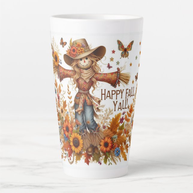 Taza De Café Latte Feliz otoño, espantapájaros y follaje de otoño (Anverso)