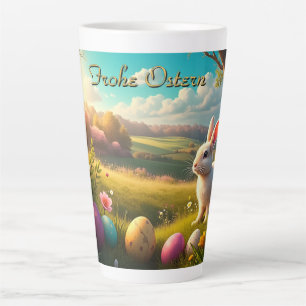 Taza De Café Latte Feliz Pascua en un paisaje primaveral
