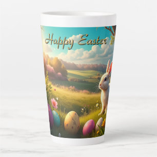 Taza De Café Latte Feliz Pascua en un paisaje primaveral