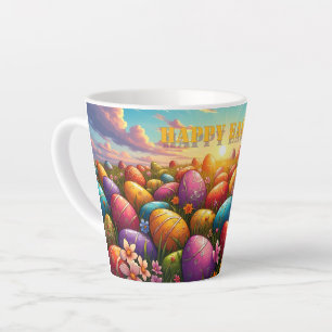 Taza De Café Latte Feliz Pascua Huevos Coloridos en Prado Primaveral