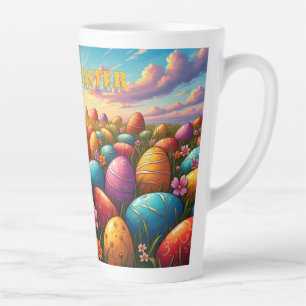 Taza De Café Latte Feliz Pascua Huevos Coloridos en Prado Primaveral