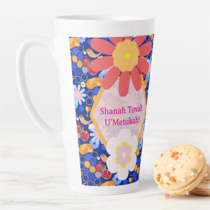 Taza De Café Latte Feliz Rosh Hashanah Patrón floral de Año Nuevo jud