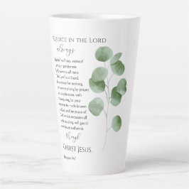 Taza De Café Latte Filipinas 4:4-7 Versos de la Biblia Hojas de Eucal