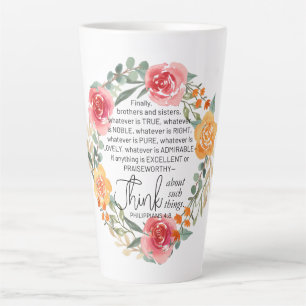 Taza De Café Latte Filipinas 4:8 Wreath floral rosa y amarilla
