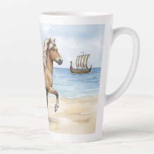Taza De Café Latte Fjara Caballo islandés acuarela en la playa