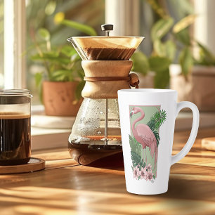 Taza De Café Latte Flamenco Rosa Tropical Hojas de Palma Verde Lirio