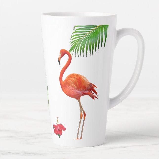 Taza De Café Latte Flamencos, hibiscos y hojas de palmera (Derecha)