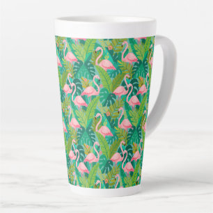Taza De Café Latte Flamencos rosados tropicales follaje de la selva