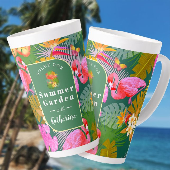 Taza De Café Latte Flamingo Garden Dark Green (Flamingo Garden Dark Green Latte Mug.)