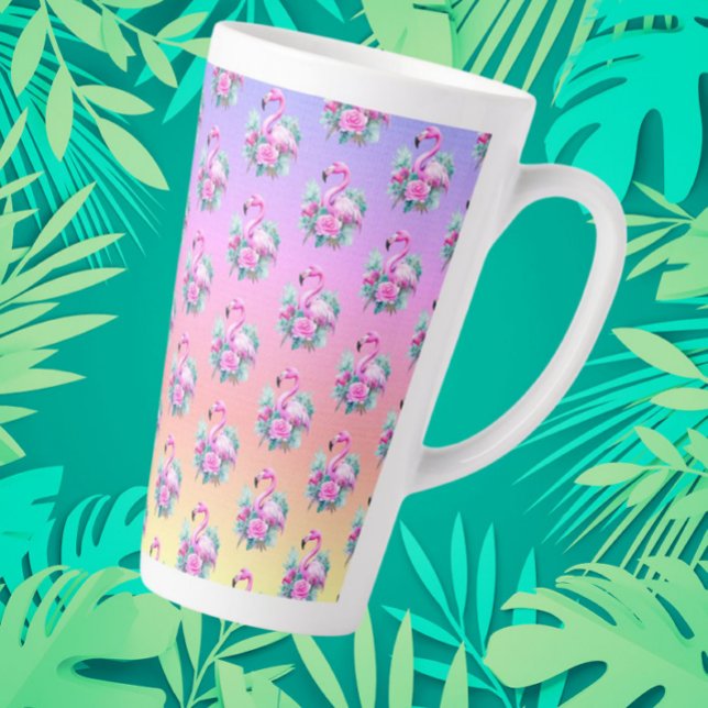 Taza De Café Latte Flamingo rosa del atardecer tropical popular (Tropical sunset flamingo large latte mug)