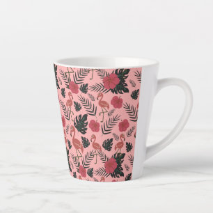 Taza De Café Latte Flamingo rosa sin costura flores patrón y hojas