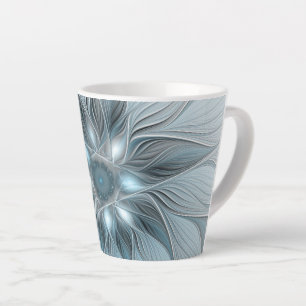 Taza De Café Latte Flor abstracta alegre azul gris fractal floral