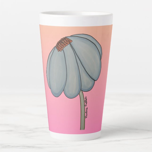 Taza De Café Latte Flor azul con fondo rosa (Anverso)