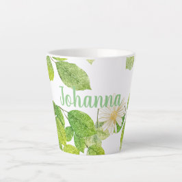Taza De Café Latte Flor blanca y jardín de hojas verdes