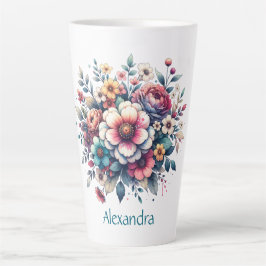 Taza De Café Latte Flor Bouquet acuarela personalizada