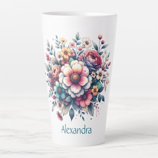 Taza De Café Latte Flor Bouquet acuarela personalizada (Anverso)