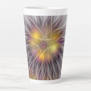 Taza De Café Latte Flor Colorida Luminosa, Fractal Moderno Abstracto