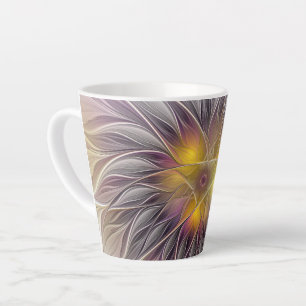 Taza De Café Latte Flor Colorida Luminosa, Fractal Moderno Abstracto