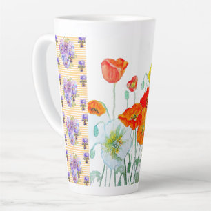 Taza De Café Latte Flor de Amapola Naranja Roja Pintura de Mujer Acua