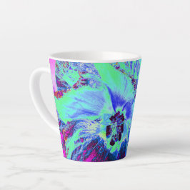 Taza De Café Latte Flor de hibiscus verde y azul psicodélico retro