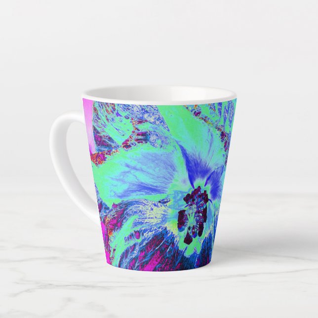 Taza De Café Latte Flor de hibiscus verde y azul psicodélico retro (Ángulo izquierdo)