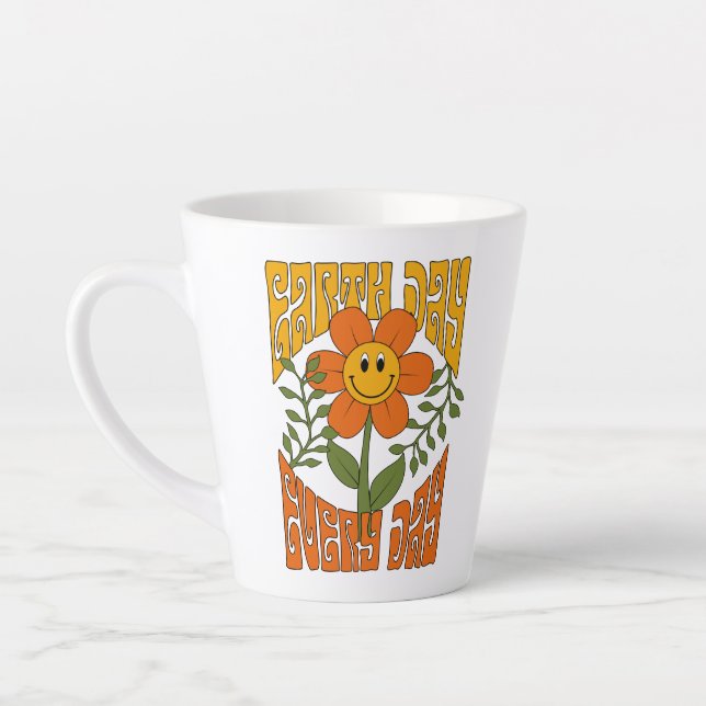 Taza De Café Latte Flor de margarita retro sonriente de los años 70 (Izquierda)