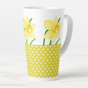 Taza De Café Latte Flor de Narciso Primaveral con Lunares Amarillos