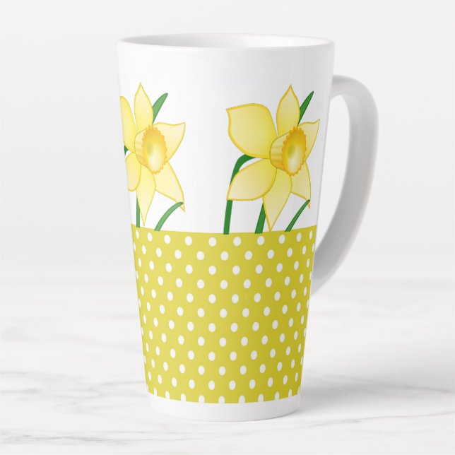 Taza De Café Latte Flor de Narciso Primaveral con Lunares Amarillos (Ángulo derecho)
