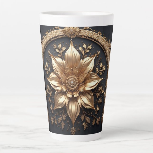 Taza De Café Latte Flor de Oro Lujosa (Anverso)
