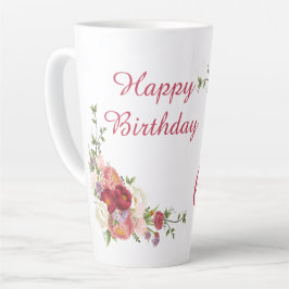 Taza De Café Latte Flor de Peón Blanco Rosa Feliz cumpleaños número