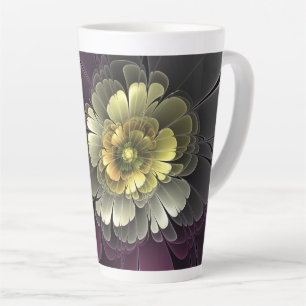 Taza De Café Latte Flor Fractal Abstracta Moderna Purpura Gris Khaki