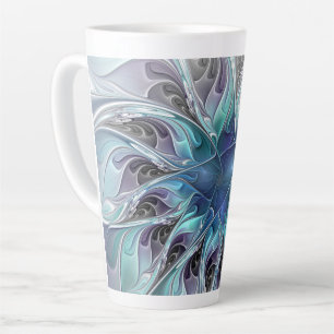 Taza De Café Latte Flor Fractal Moderna Con Azul