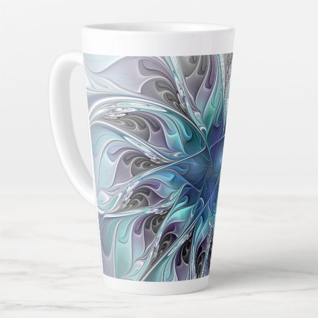 Taza De Café Latte Flor Fractal Moderna Con Azul (Ángulo izquierdo)