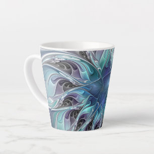 Taza De Café Latte Flor Fractal Moderna Con Azul